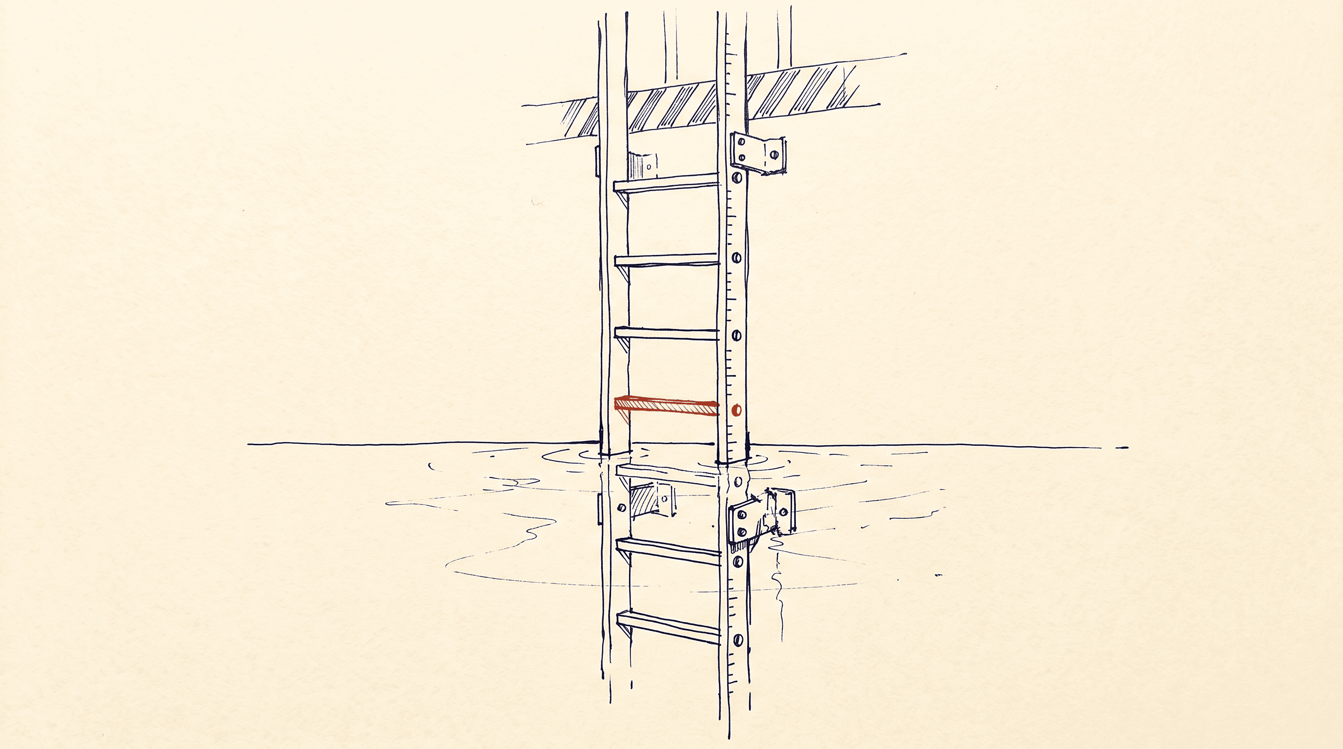 A ladder rising out of a perfectly still pool, rungs continuing below the waterline