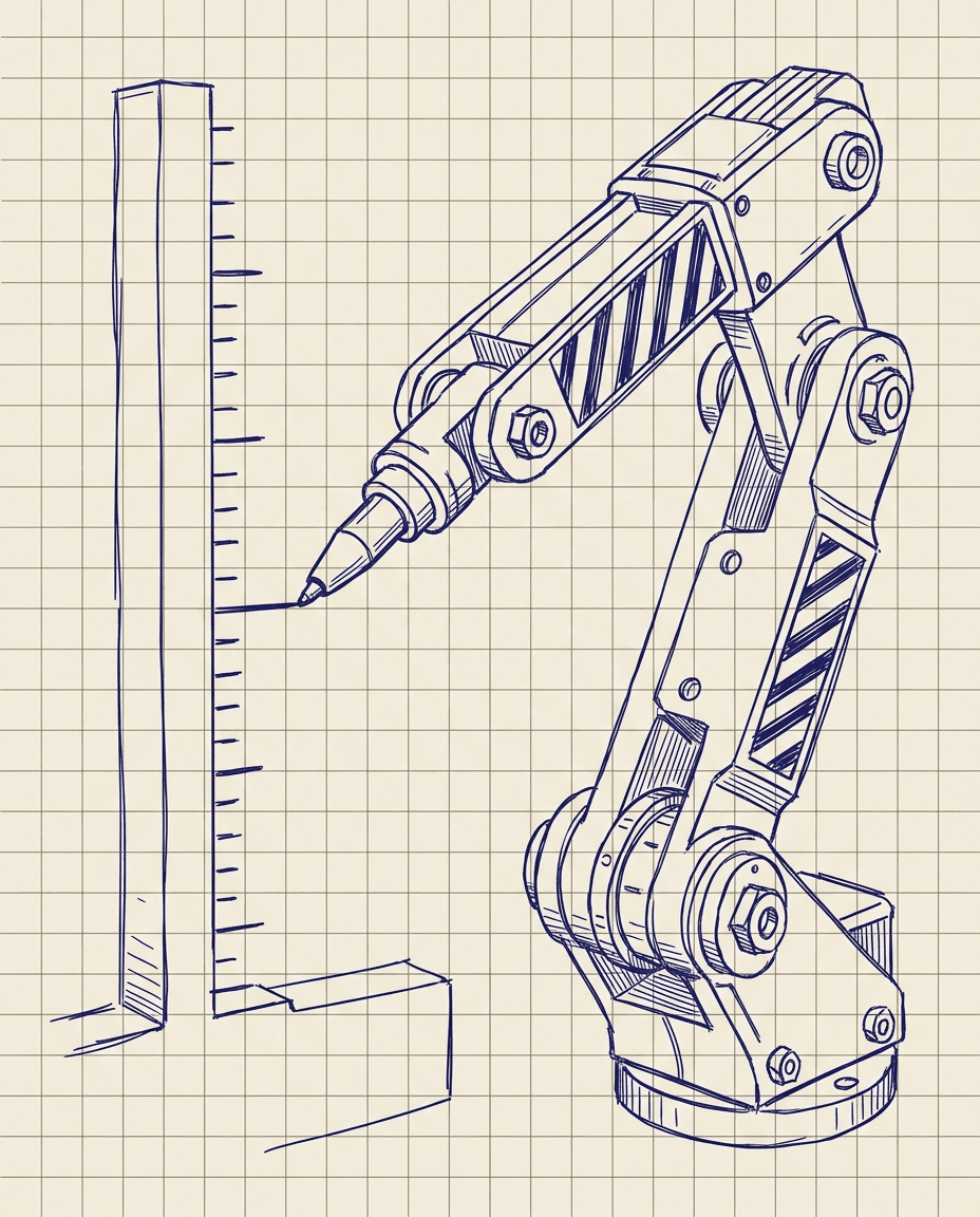 A mechanical arm drawing tick marks on a vertical paper depth gauge
